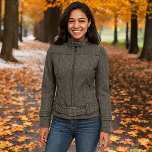 United Colors of Benetton Moto Style Jacket Full Zip Belted Wool Blazer Coat